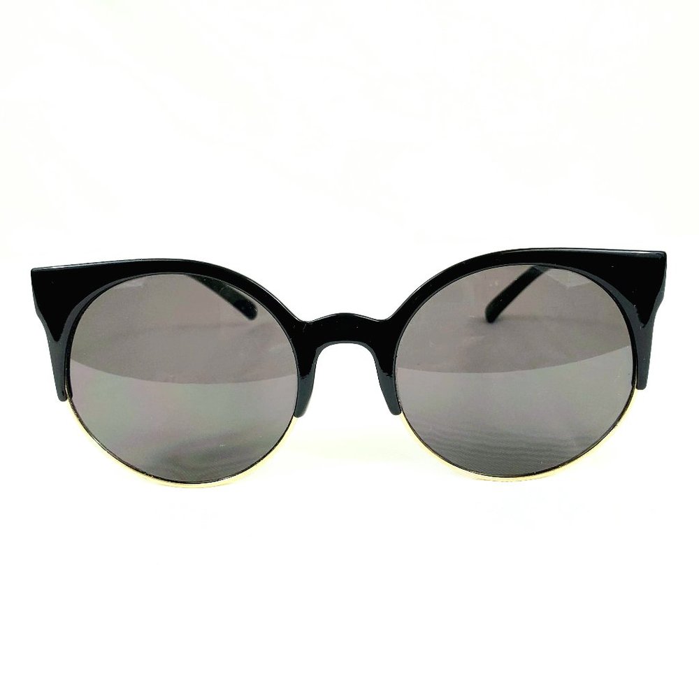 Retro Black & Gold Half Rim Cat Eye Sunglasses Round Black Polarized Lens  ES555